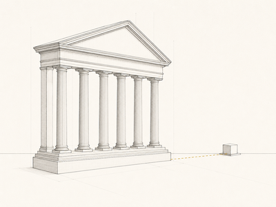 Klassische Tempelfassade mit großen Säulen als technische Linienzeichnung, rechts daneben ein winziger Block, verbunden durch eine gold-gestrichelte Linie. Symbol für ein Etikett, das größer ist als die Substanz dahinter.