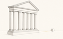 Klassische Tempelfassade mit großen Säulen als technische Linienzeichnung, rechts daneben ein winziger Block, verbunden durch eine gold-gestrichelte Linie. Symbol für ein Etikett, das größer ist als die Substanz dahinter.