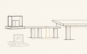 Skizze: Pavillon mit Säulen links, große Tischplatte rechts, dazwischen eine schwebende Brücke mit drei Stützen und gepunkteten Hilfslinien — Symbolbild für KI-Piloten zwischen Initiative und produktivem Betrieb