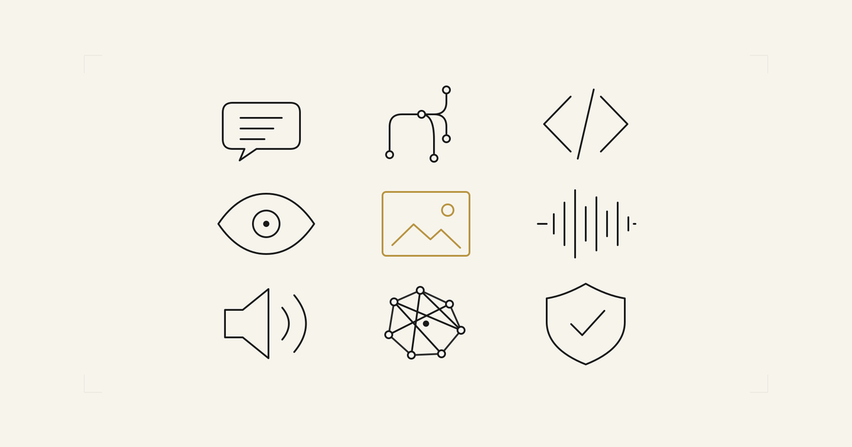 Neun schlichte Linien-Icons für KI-Fähigkeiten, in einem Raster auf Papierfarbe angeordnet, das Bildgenerierungs-Icon in Gold hervorgehoben. Symbol dafür, dass KI viele verschiedene Modelltypen umfasst und man den passenden wählt.